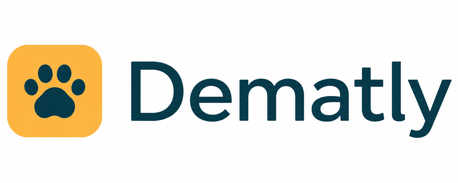 Dematly logo with a gold rounded-square paw icon and dark teal wordmark.