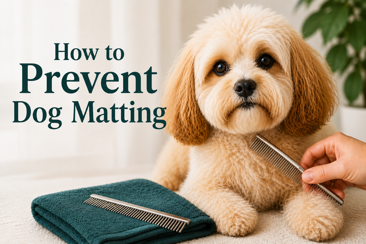 Dog being gently combed beside a folded towel for the How to Prevent Dog Matting article.
