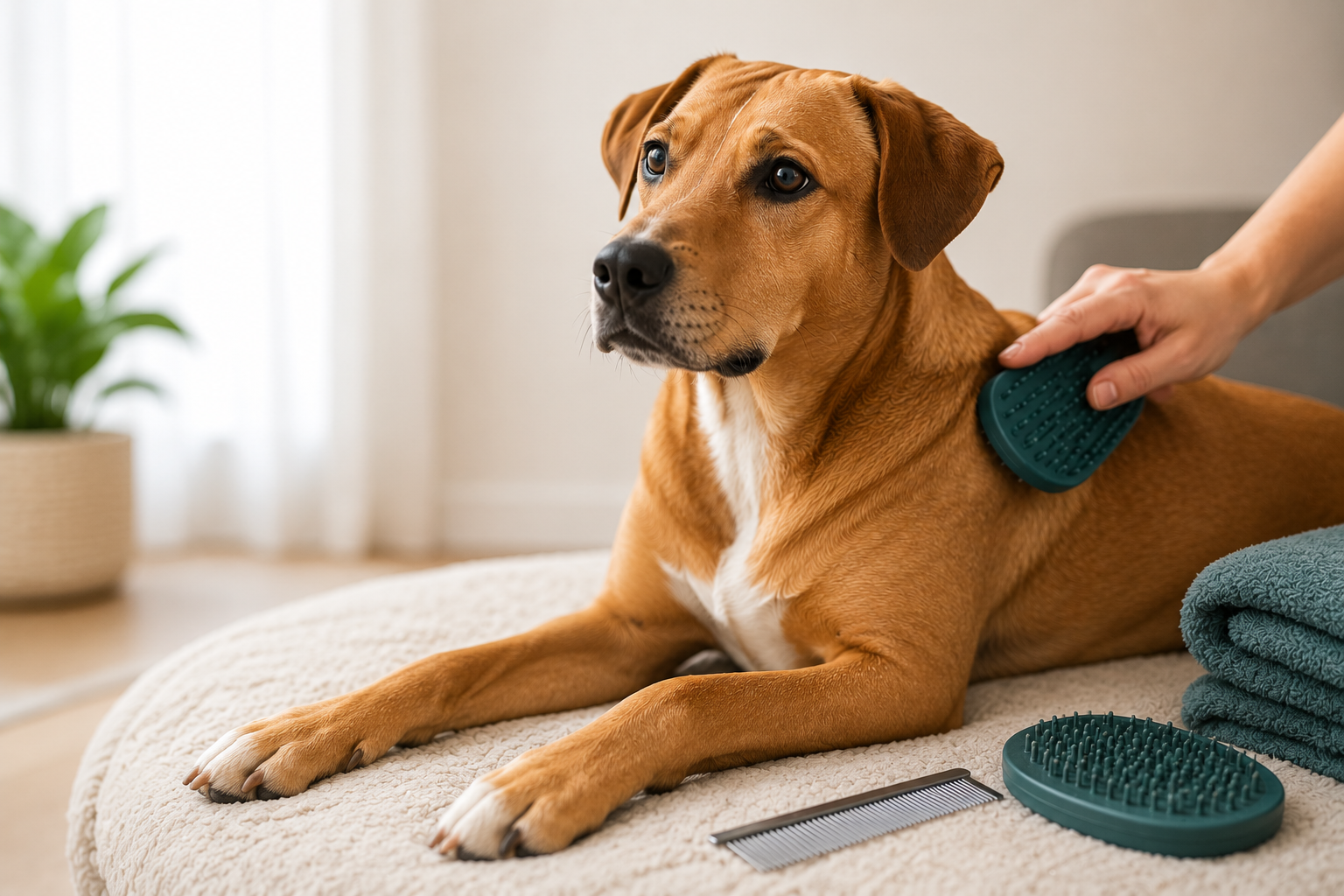 Short-haired dog receiving gentle coat care and brushing