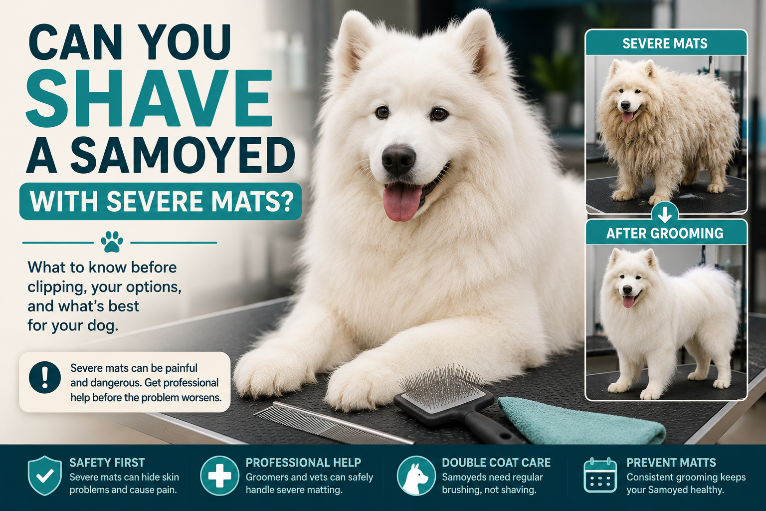 Samoyed on a grooming table with brush, comb, and severe matting safety guidance.