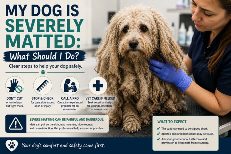 Severely matted dog being examined by a groomer with safety guidance for what to do next.