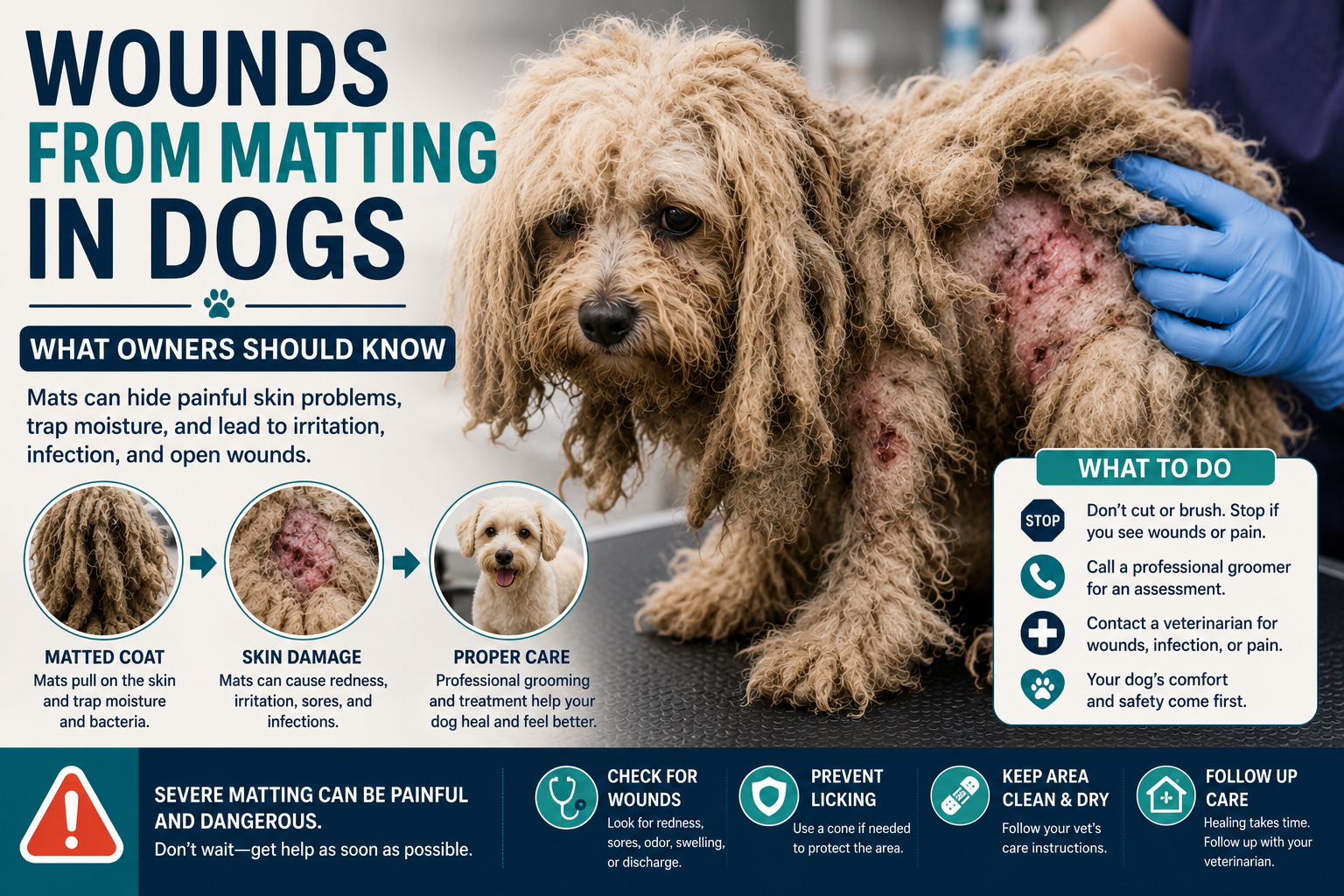 Severely matted dog being examined by a groomer for skin wounds and irritation caused by matting.