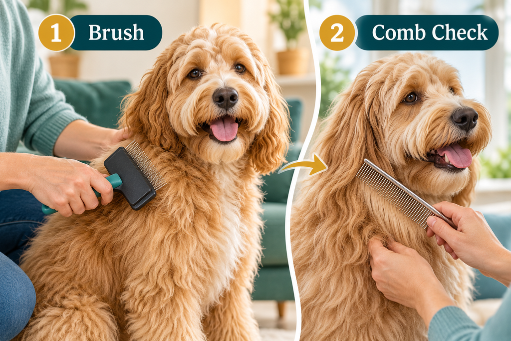 Dog grooming guide showing a curly-coated dog brushed first and then checked with a metal comb for hidden tangles.