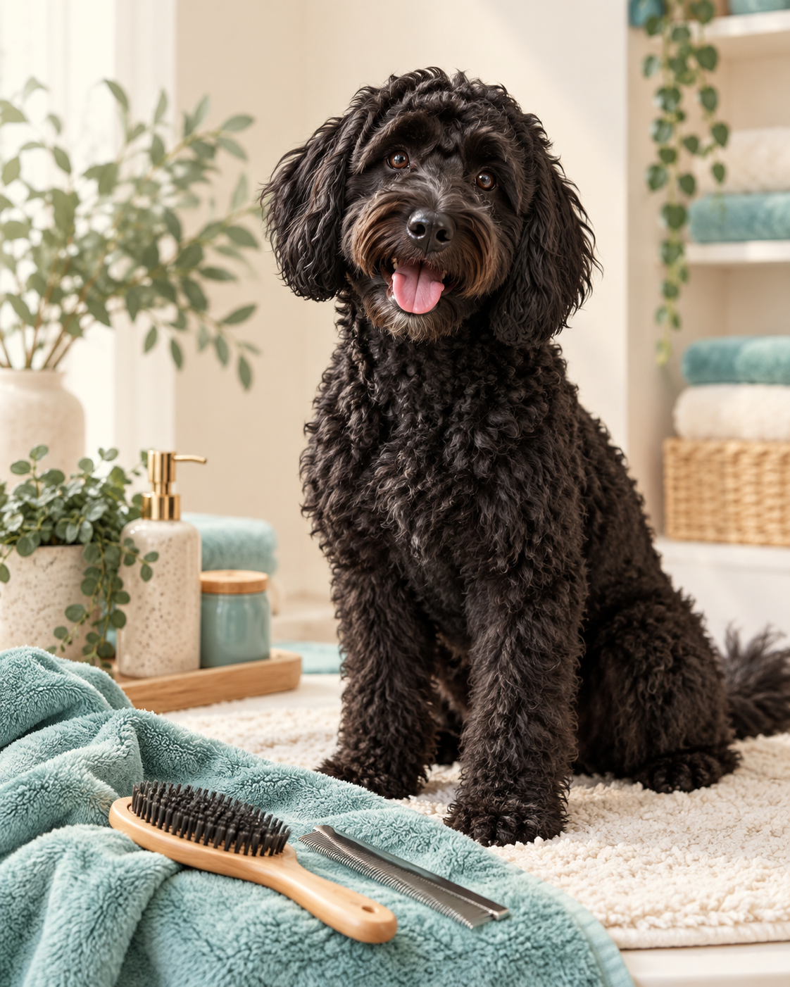 Curly-coated dog receiving gentle brushing and coat care