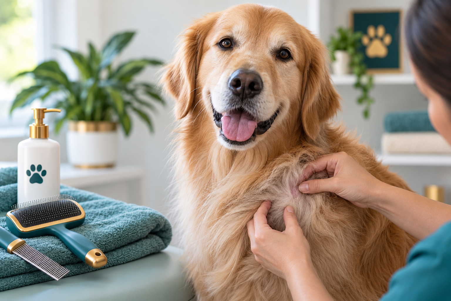 Dog receiving a gentle skin and coat check during grooming