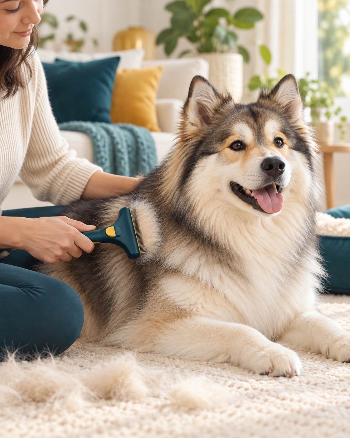 Double-coated dog being gently brushed during a grooming session