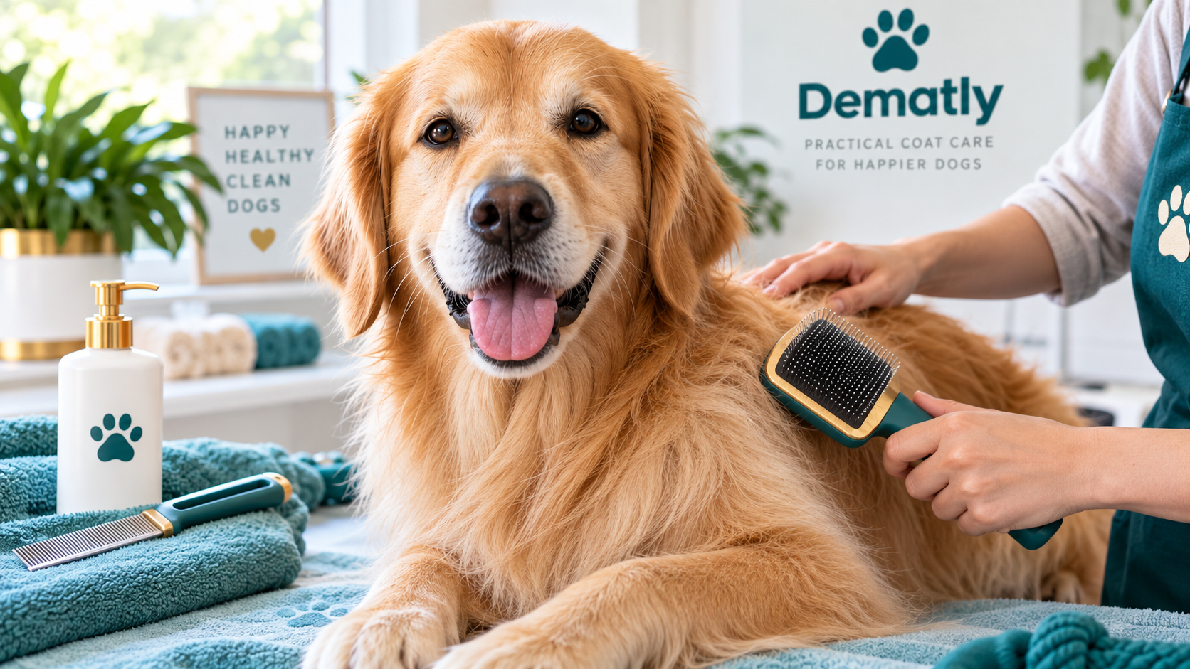 Dog being gently brushed during a comfortable home grooming session