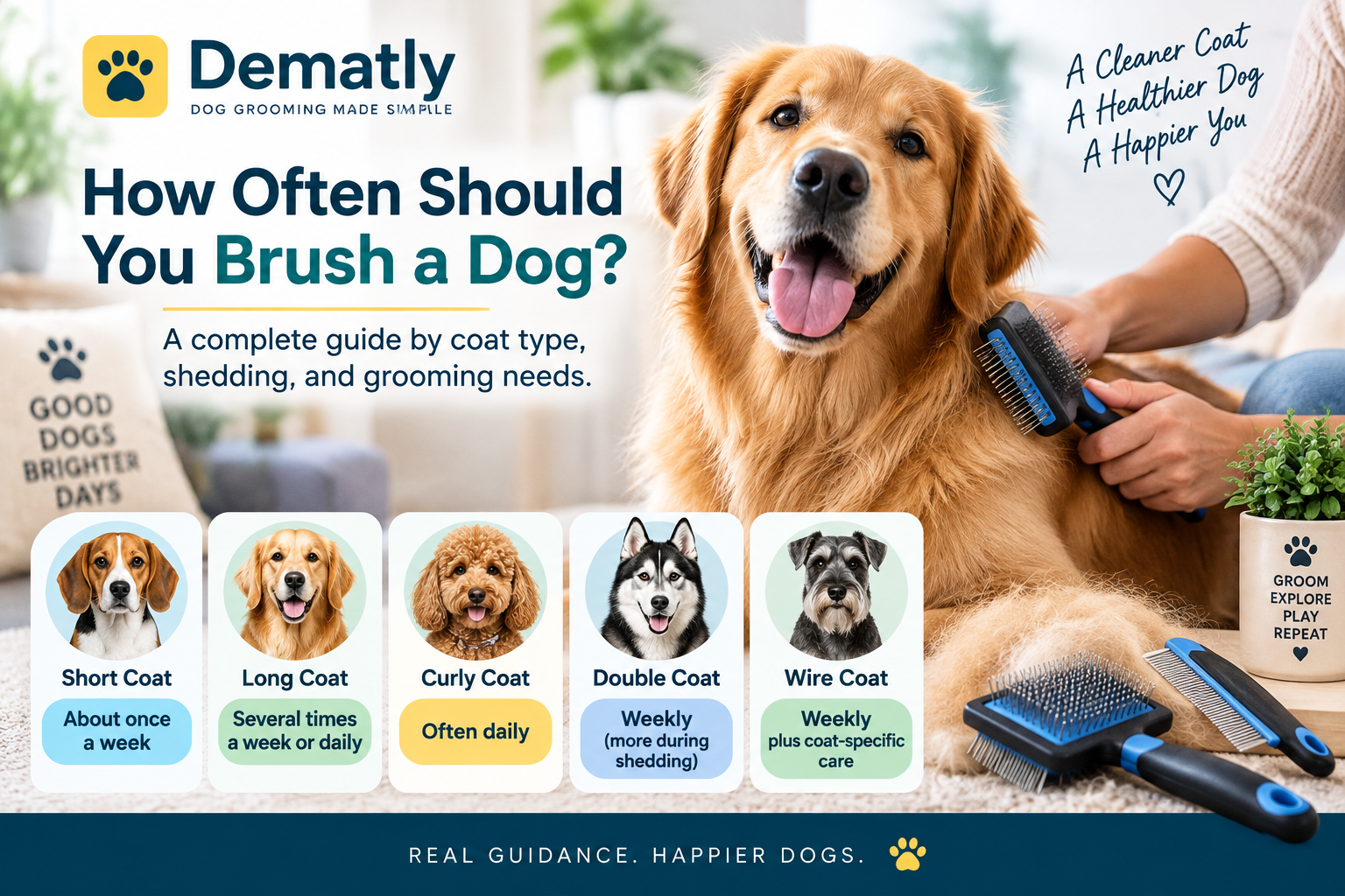 Golden retriever being brushed with a visual guide showing recommended brushing frequency for short, long, curly, double, and wire coats.