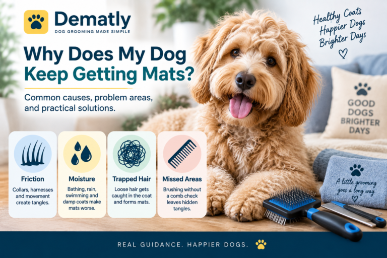 Curly-coated dog beside grooming tools with visual callouts showing common causes of recurring mats, including friction, moisture, trapped hair, and missed areas.