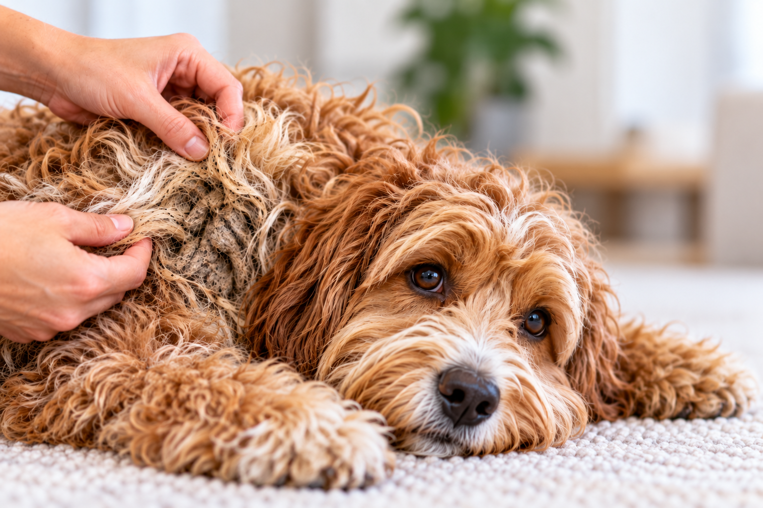Long-haired dog being gently checked for tight mats and discomfort